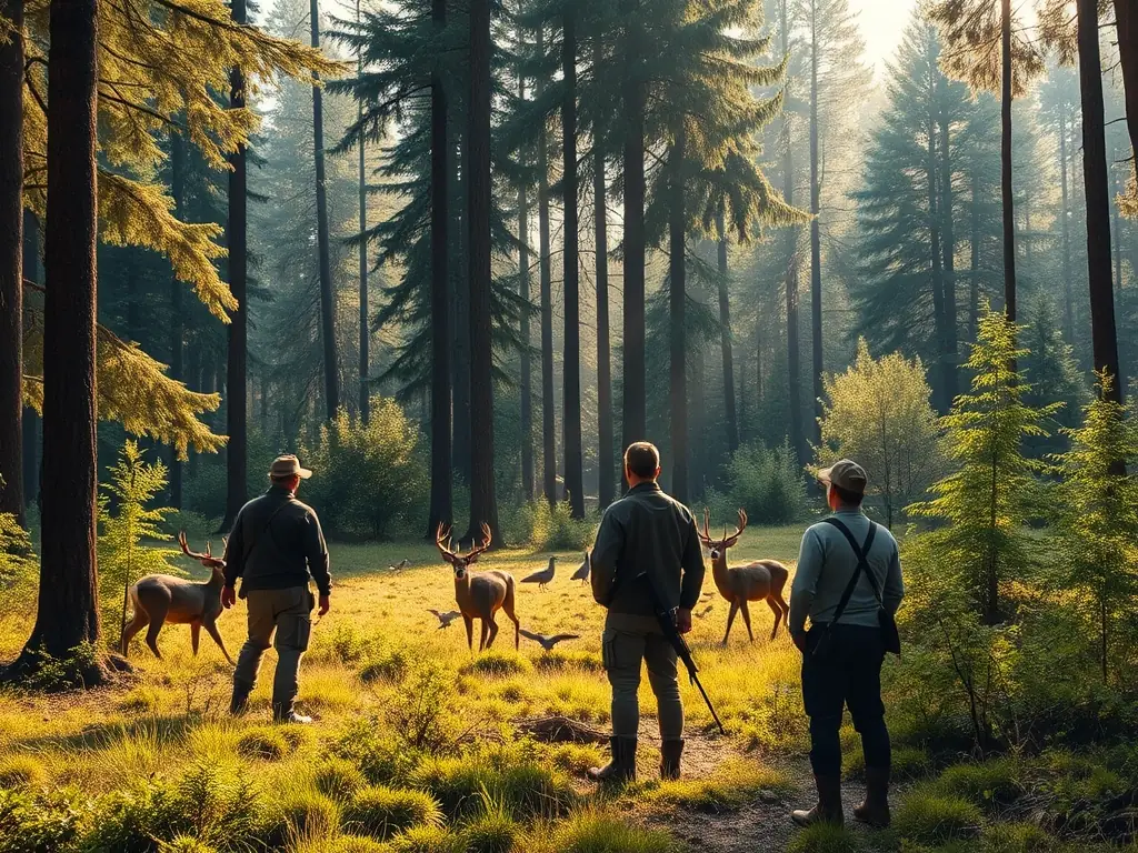 A scenic view of a guided hunting tour in the Trévol region, showcasing hunters observing wildlife in their natural habitat.