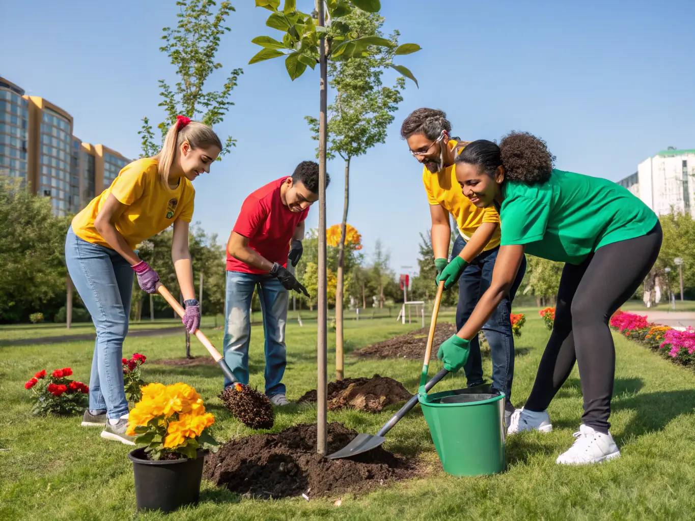 A group of volunteers planting trees and monitoring wildlife in a protected natural area, highlighting the club's commitment to conservation.