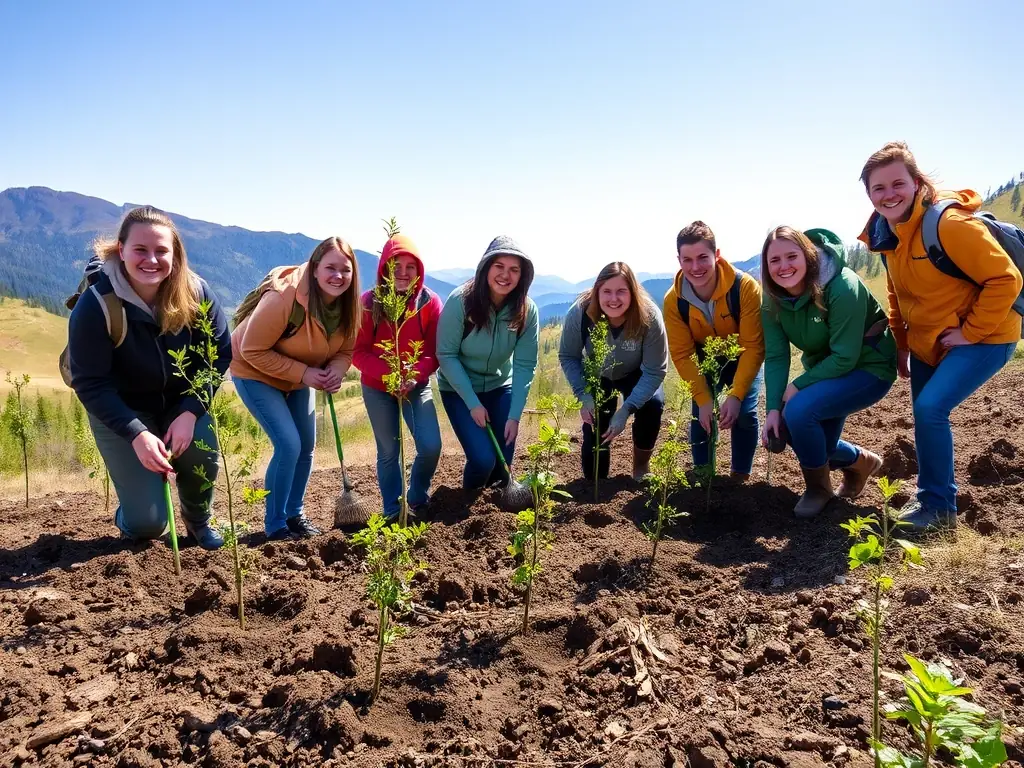 Volunteers planting trees as part of a habitat restoration project, with a focus on native species and long-term ecological benefits.