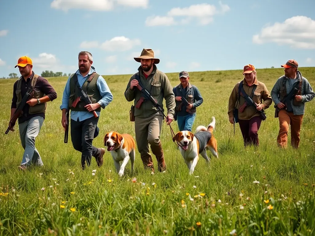 A group of hunters participating in a guided pheasant hunt in a golden field at sunrise, wearing appropriate hunting gear and accompanied by trained dogs.